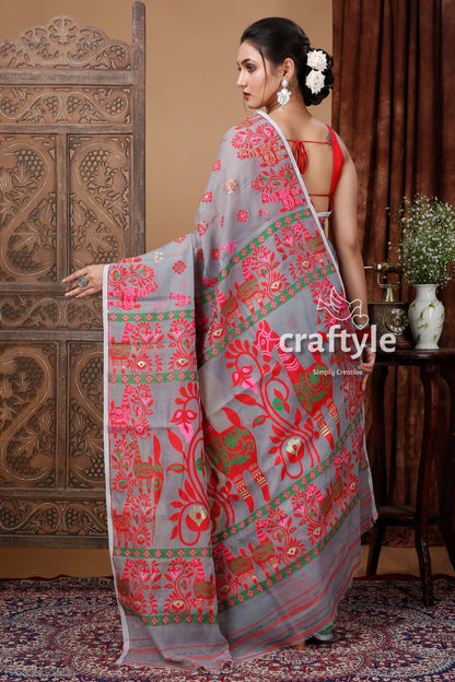 Hit Grey Red Jamdani Saree with Intricate Design - Craftyle