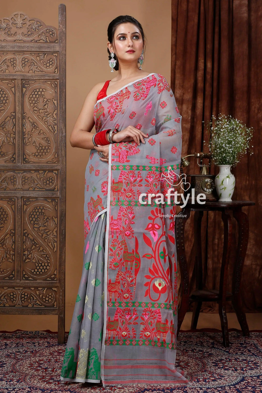 Hit grey red jamdani saree with intricate design gray saree pink floral embroidery 1