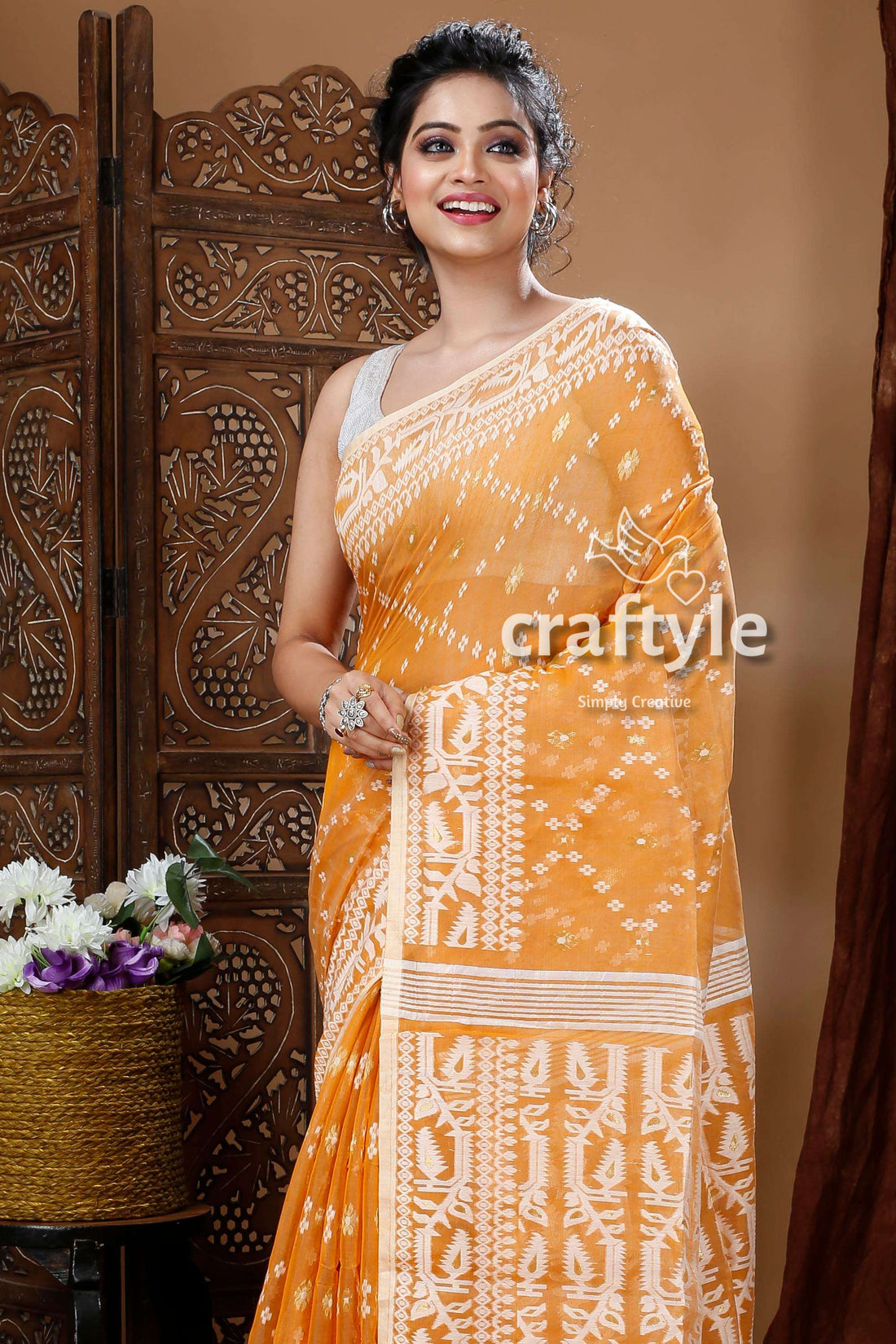 Honey Orange Intricate Jamdani Saree - Craftyle