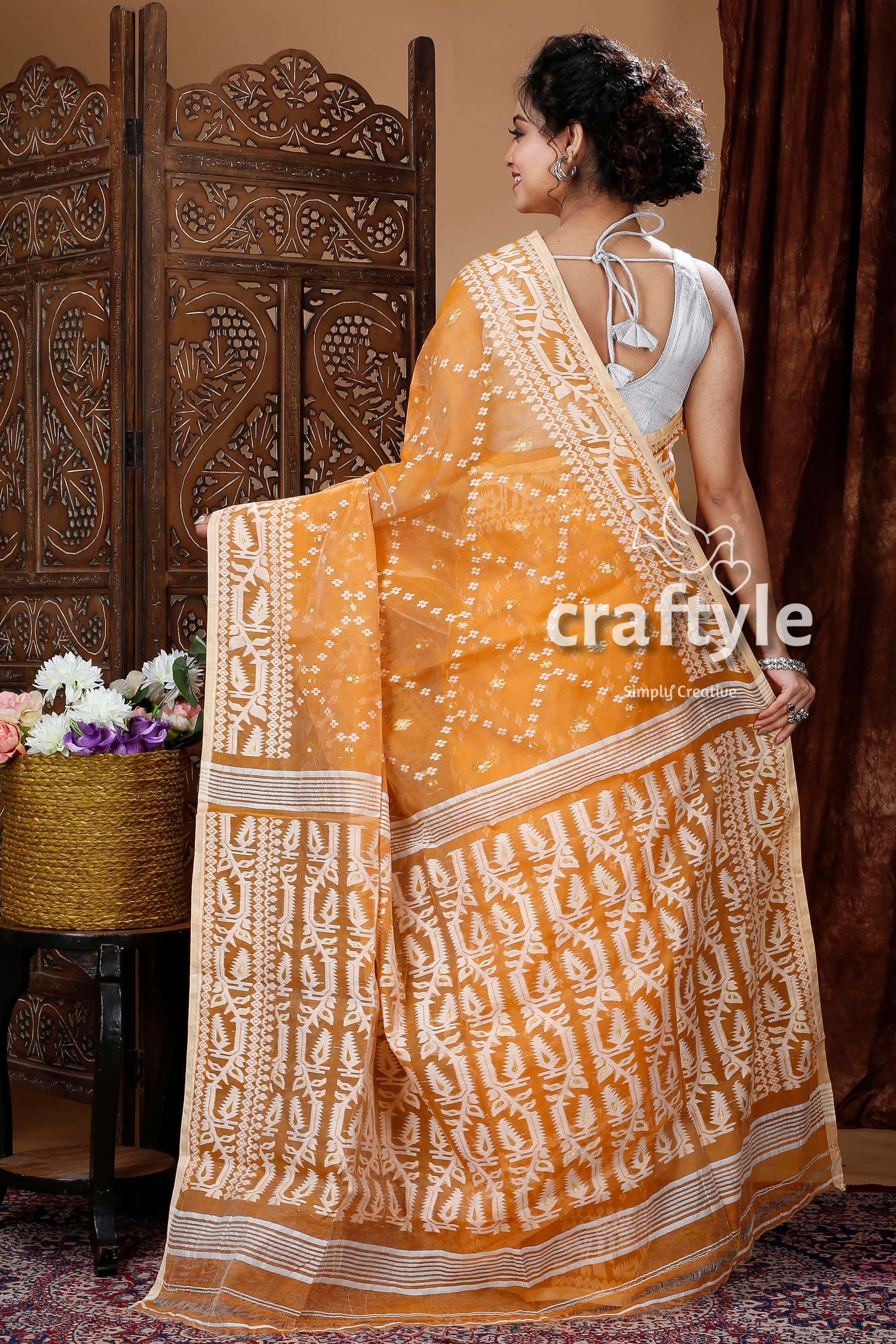 Honey Orange Intricate Jamdani Saree - Craftyle