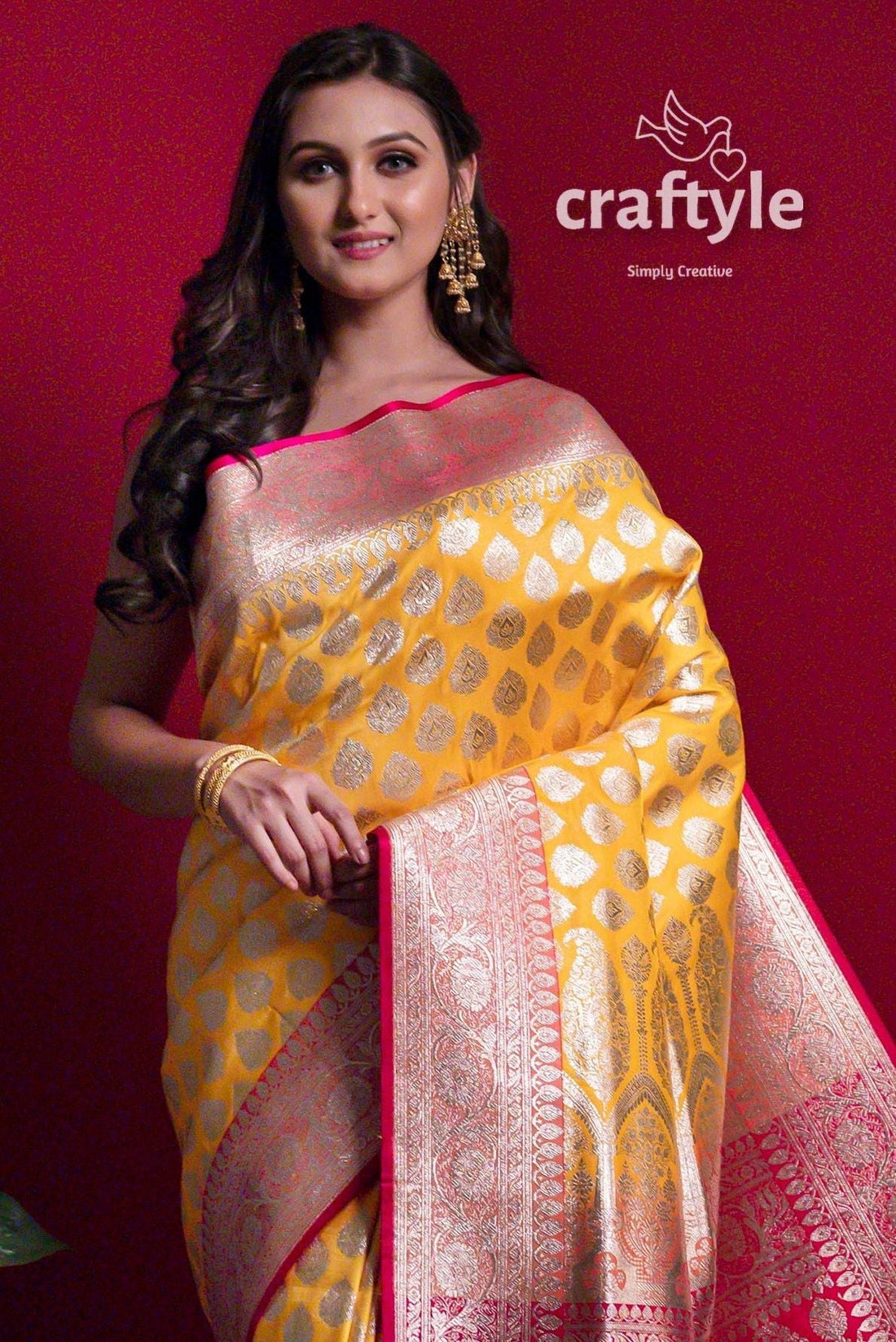 Honey Yellow Banarasi Satin Silk Saree for Women - Craftyle