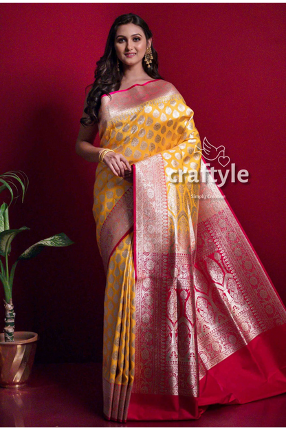 Honey yellow banarasi satin silk saree for women yellow red silk saree 4