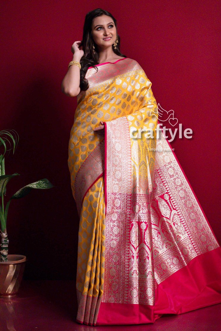 Honey Yellow Banarasi Satin Silk Saree for Women - Craftyle