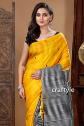 Honey Yellow & Black Hand Block Pure Mulberry Silk Saree - Craftyle