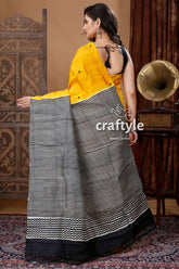 Honey Yellow & Black Hand Block Pure Mulberry Silk Saree - Craftyle