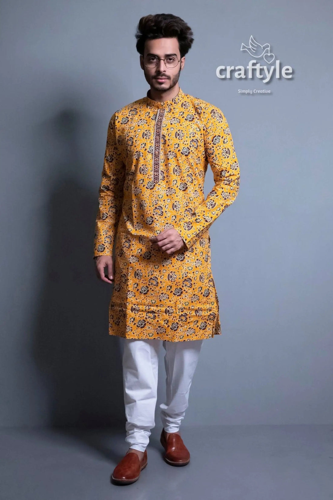 Honey yellow kalamkari kurta ethnic designer mens wear man yellow patterned kurta white 1