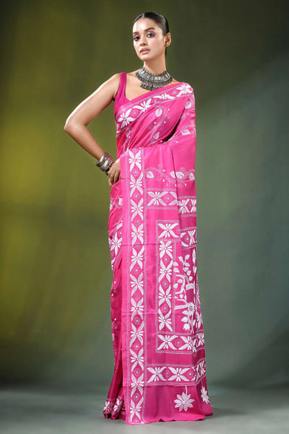 Hot pink bird motif hand embroidered silk kantha saree vibrant intricate white 4