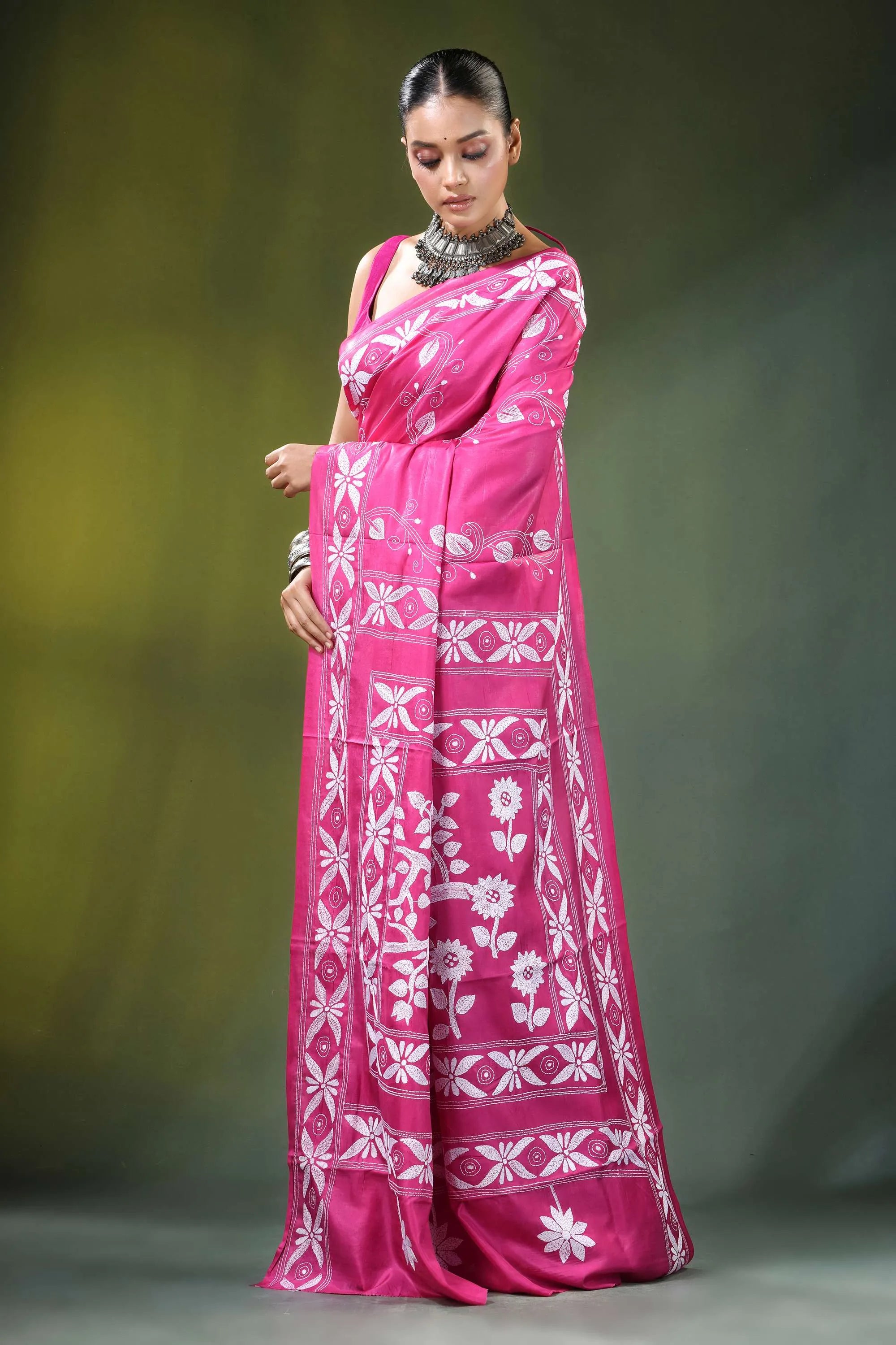 Hot pink bird motif hand embroidered silk kantha saree vibrant fuchsia intricate white 3