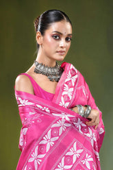 Hot pink bird motif hand embroidered silk kantha saree vibrant intricate white 2