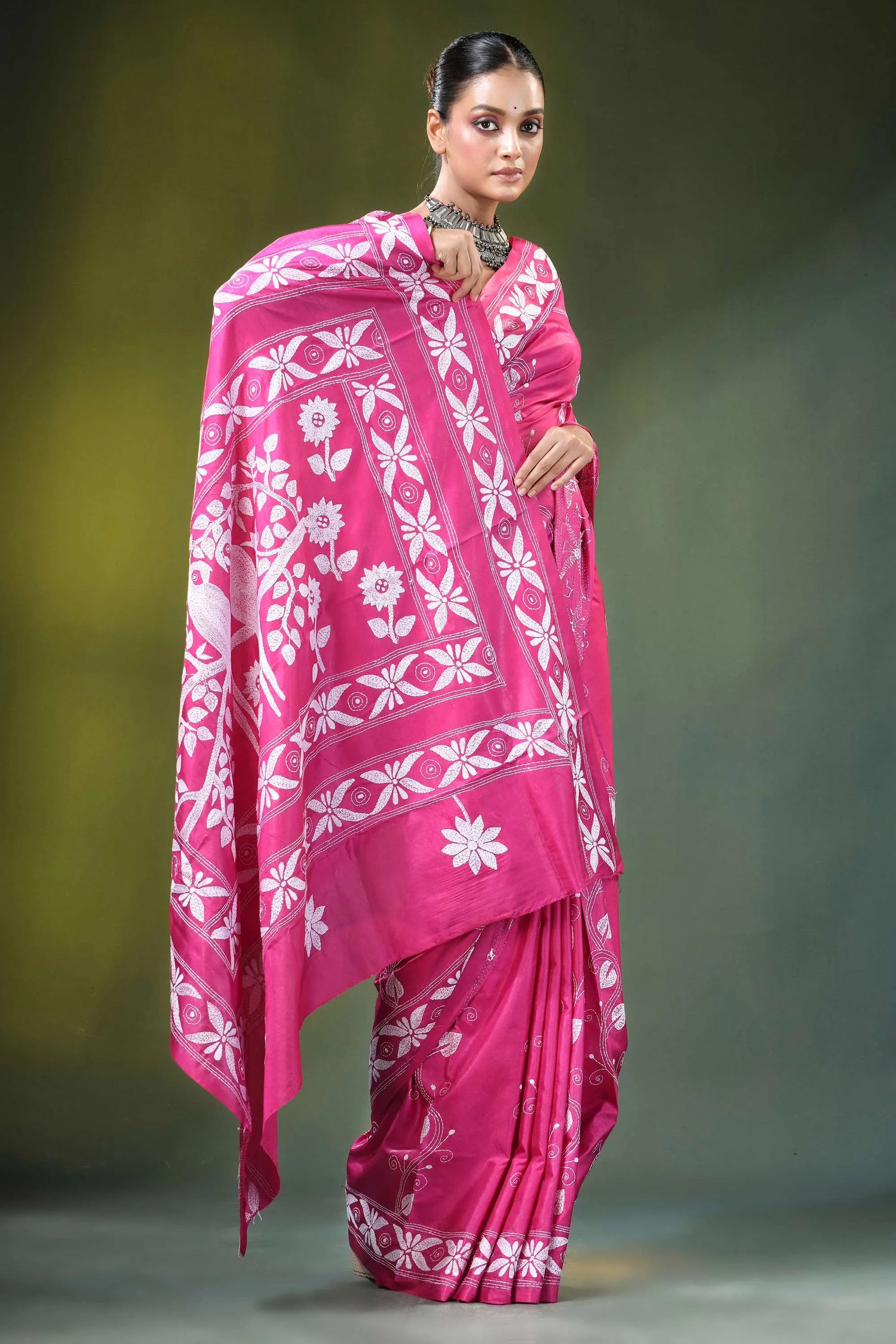 Hot pink bird motif hand embroidered silk kantha saree vibrant fuchsia intricate white 6