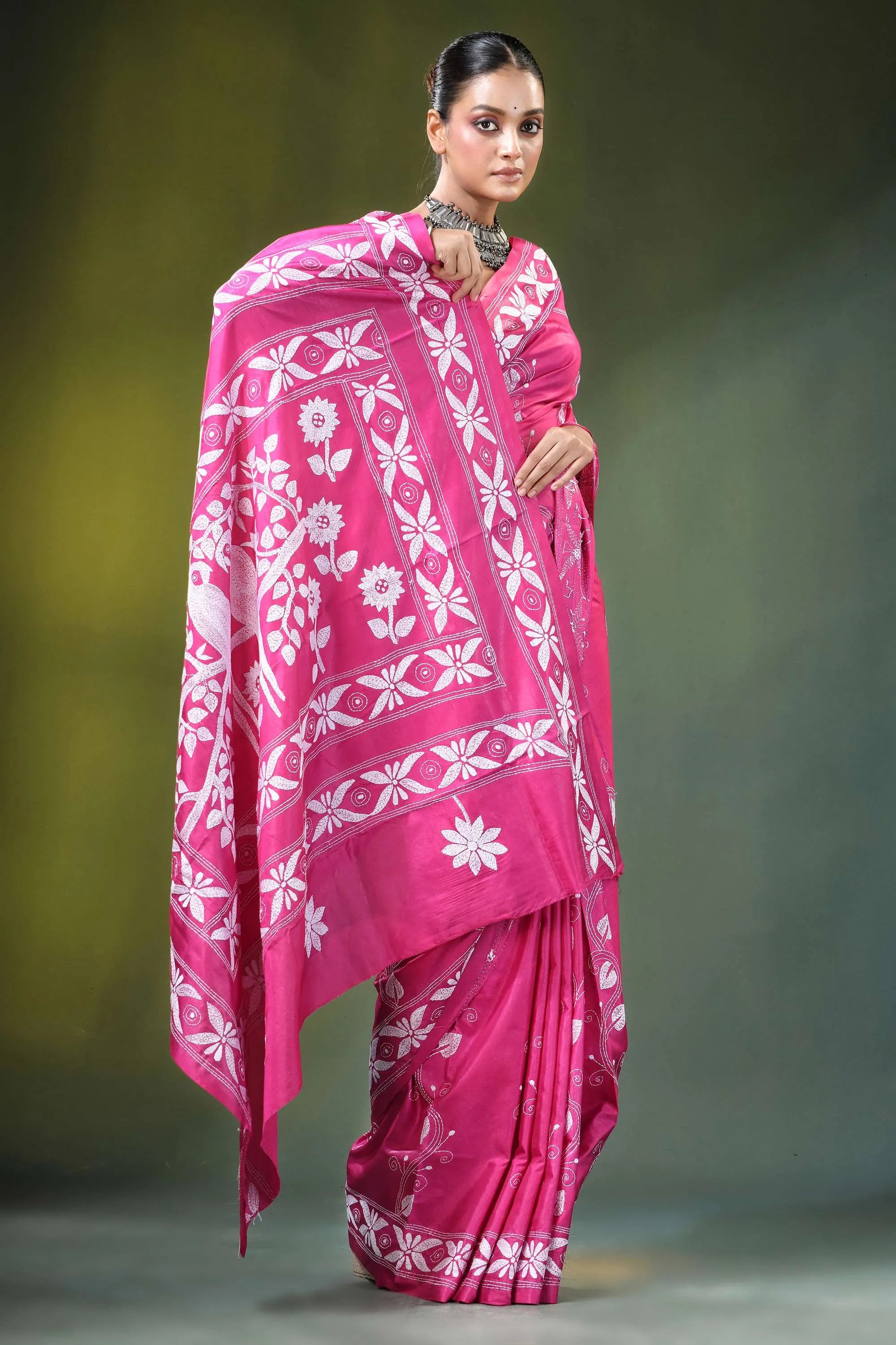 Hot pink bird motif hand embroidered silk kantha saree vibrant fuchsia intricate white 6