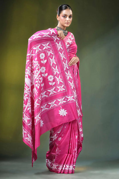 Hot pink bird motif hand embroidered silk kantha saree vibrant fuchsia intricate white 6