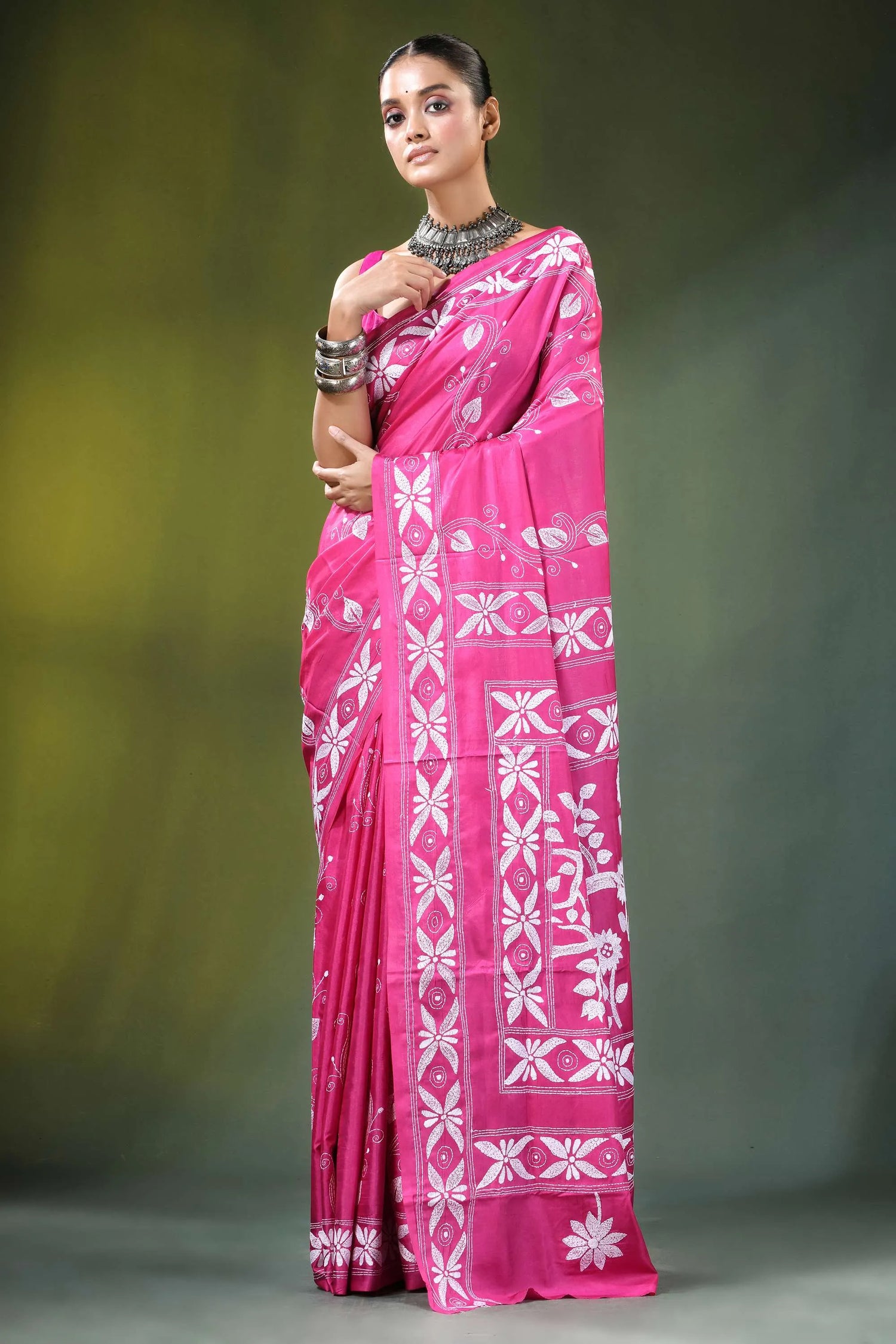 Hot pink bird motif hand embroidered silk kantha saree vibrant intricate white 7