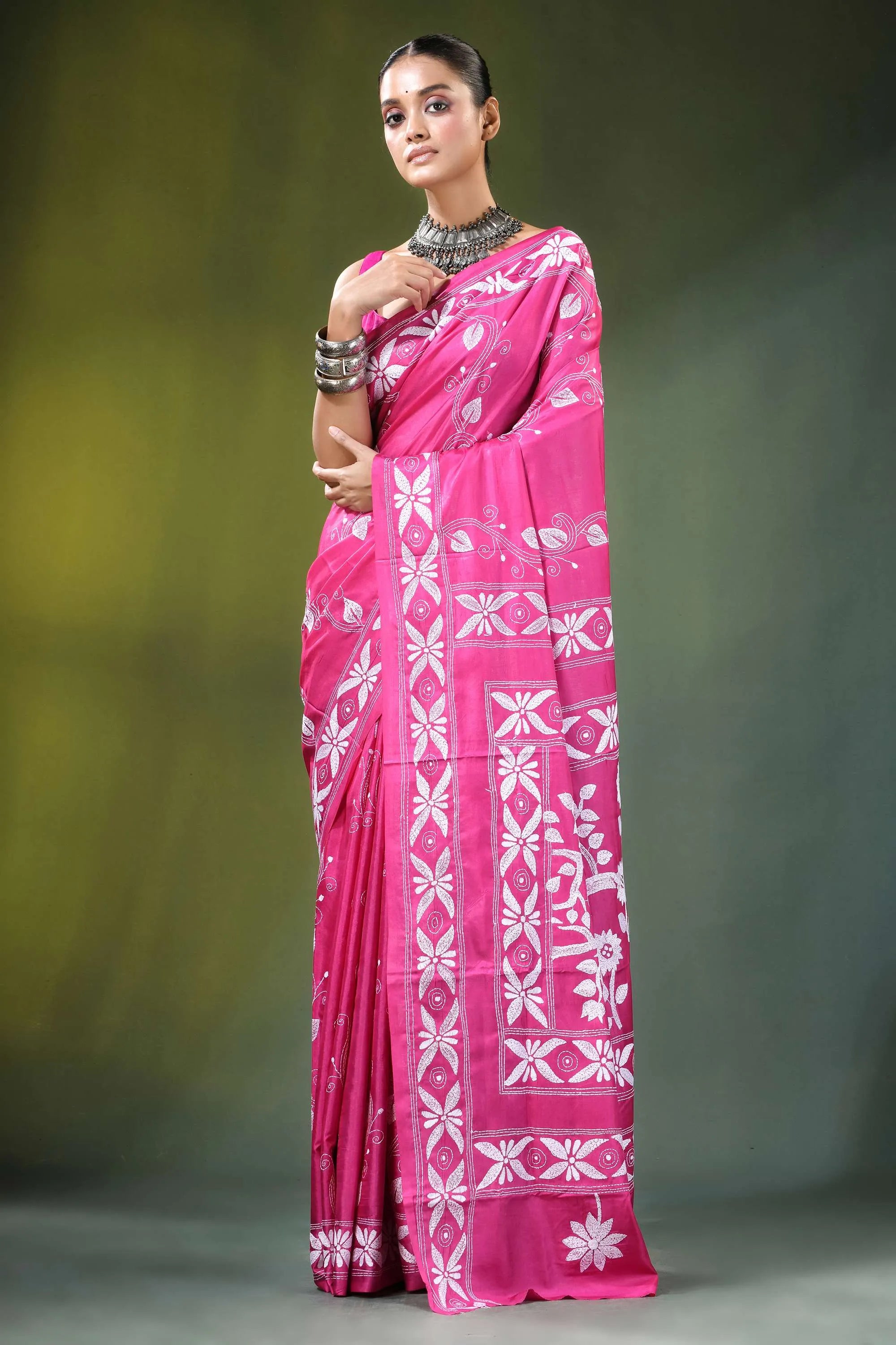 Hot pink bird motif hand embroidered silk kantha saree vibrant intricate white 7