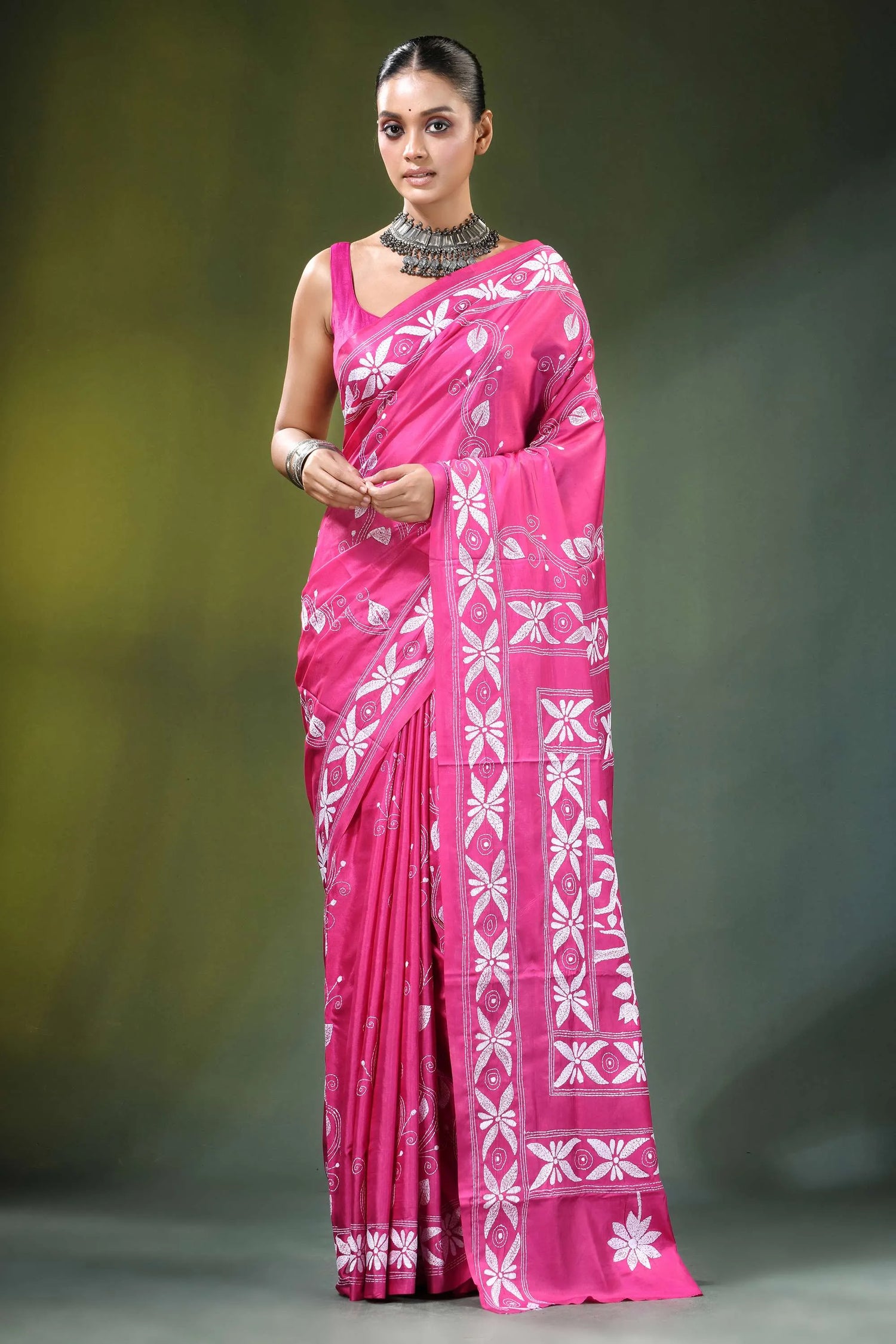 Hot pink bird motif hand embroidered silk kantha saree vibrant intricate white 1