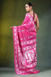 Hot pink bird motif hand embroidered silk kantha saree vibrant intricate white 5