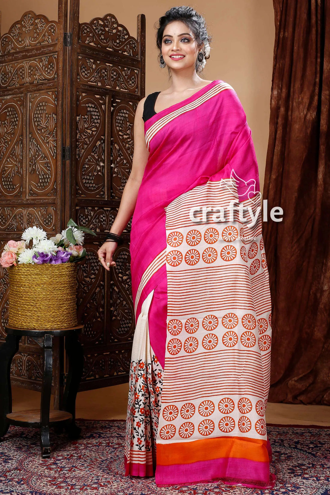 Hot pink & cream white hand block mulberry pure silk saree pink patterned saree 1