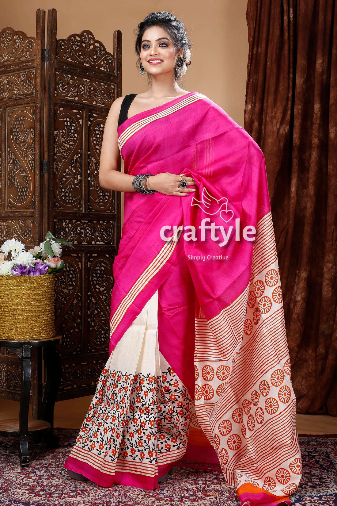 Hot Pink &amp; Cream White Hand Block Mulberry Pure Silk Saree - Craftyle