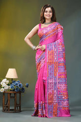 Hot pink geometric multi-thread silk kantha saree vibrant pink saree intricate geometric 6