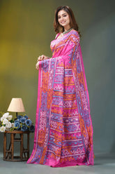 Hot pink geometric multi-thread silk kantha saree vibrant pink saree intricate geometric 3