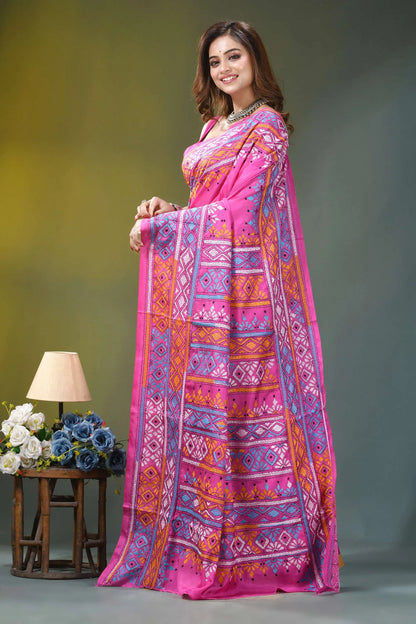 Hot pink geometric multi-thread silk kantha saree vibrant pink saree intricate geometric 3