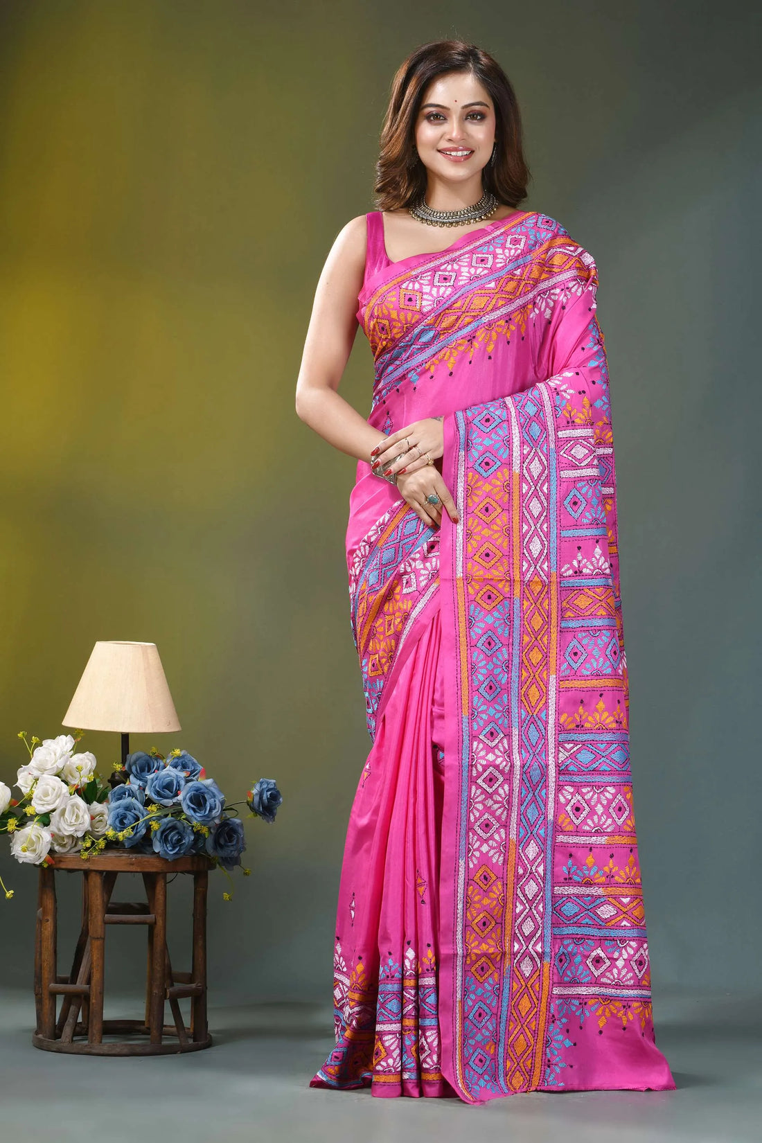Hot pink geometric multi-thread silk kantha saree vibrant pink saree intricate geometric 1