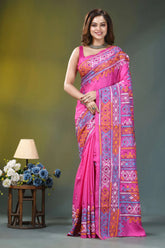 Hot pink geometric multi-thread silk kantha saree vibrant pink saree intricate geometric 1