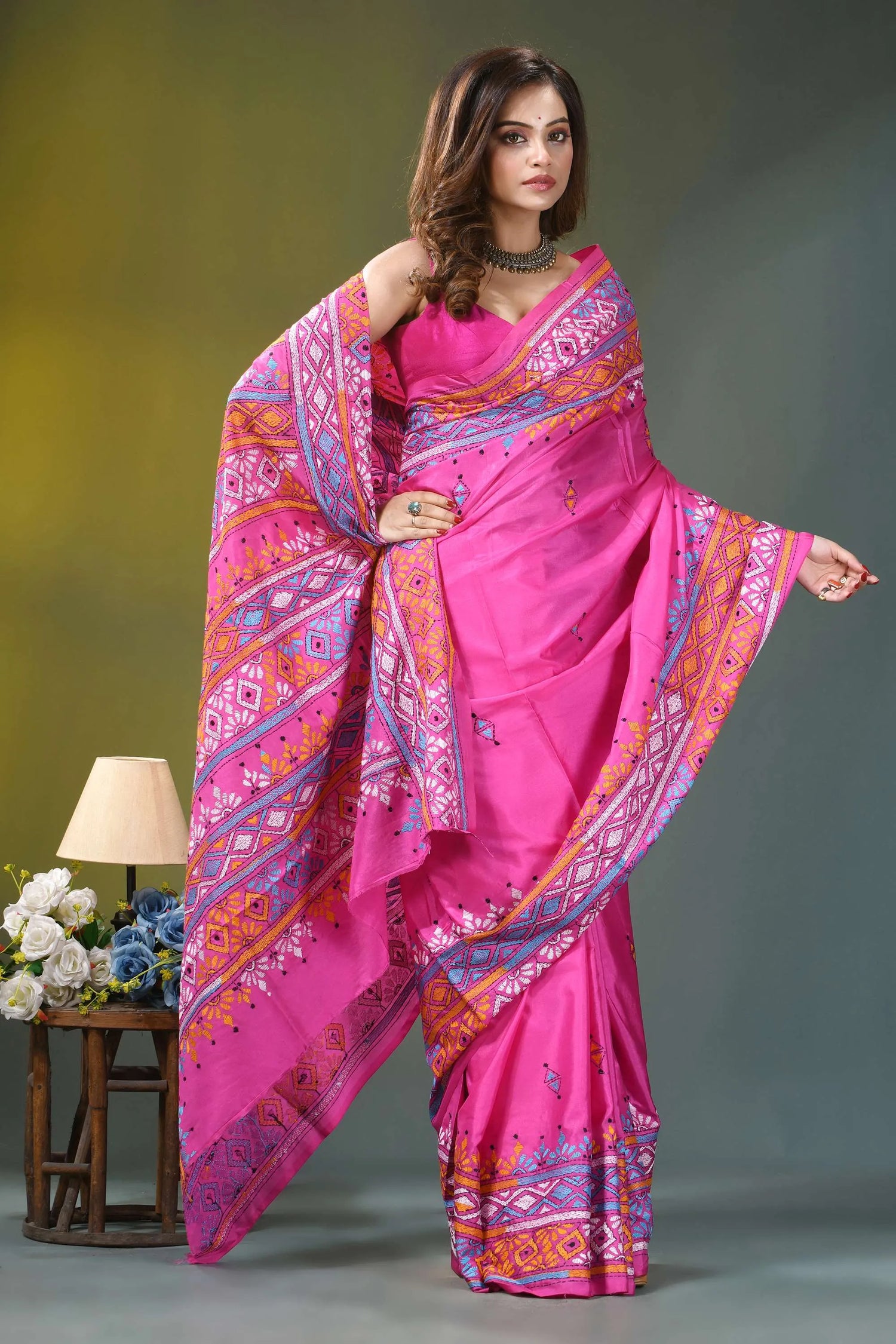 Hot pink geometric multi-thread silk kantha saree vibrant pink saree intricate geometric 4