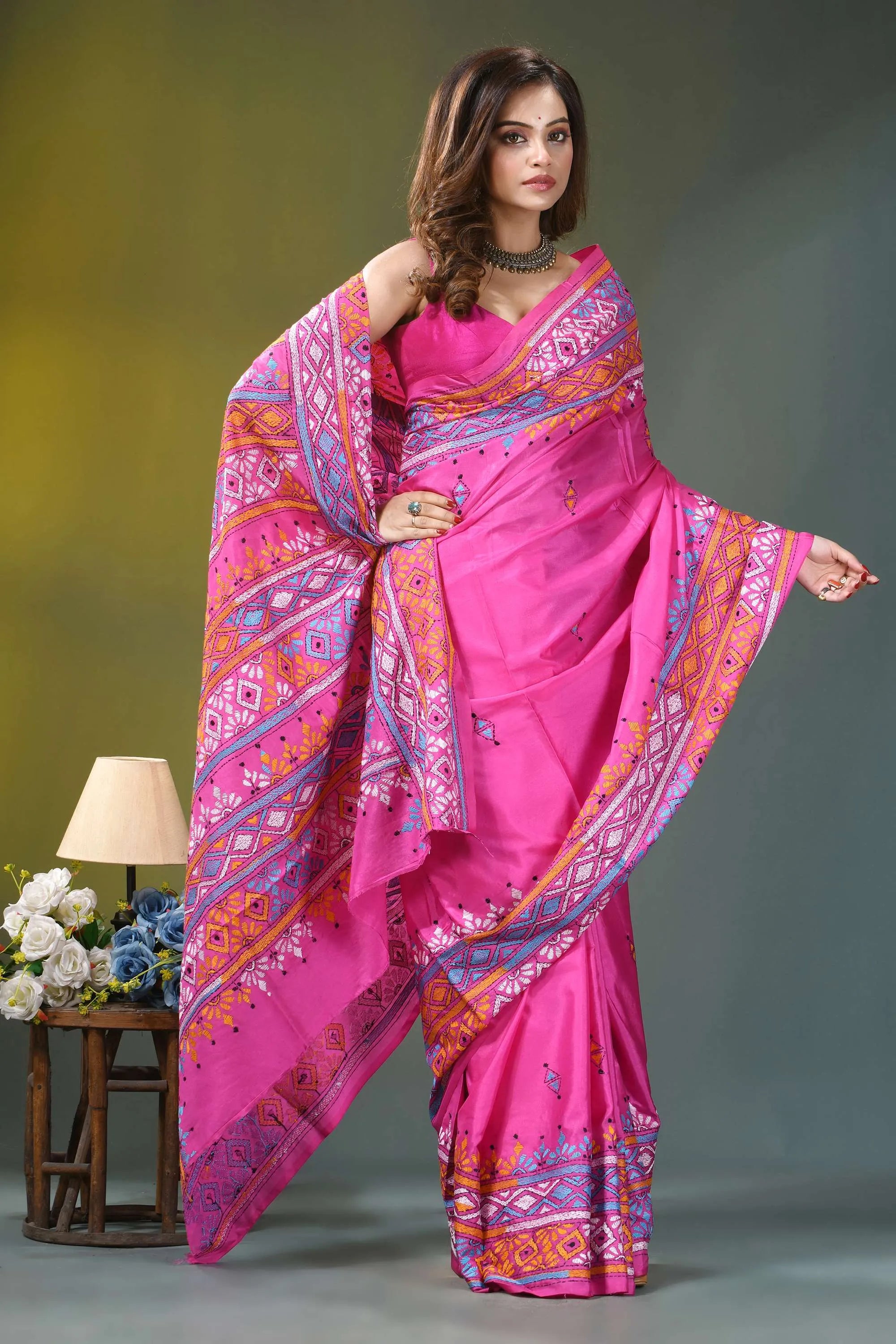 Hot pink geometric multi-thread silk kantha saree vibrant pink saree intricate geometric 4