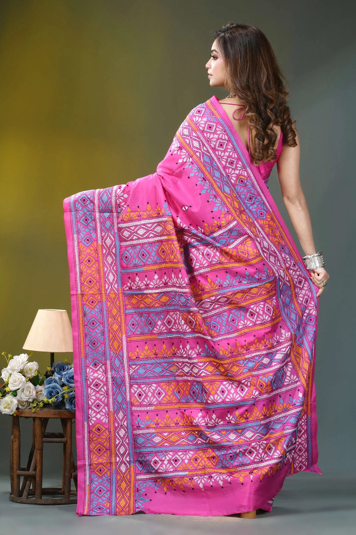 Hot pink geometric multi-thread silk kantha saree vibrant pink saree intricate geometric 5