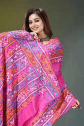 Hot pink geometric multi-thread silk kantha saree vibrant pink saree intricate geometric 2