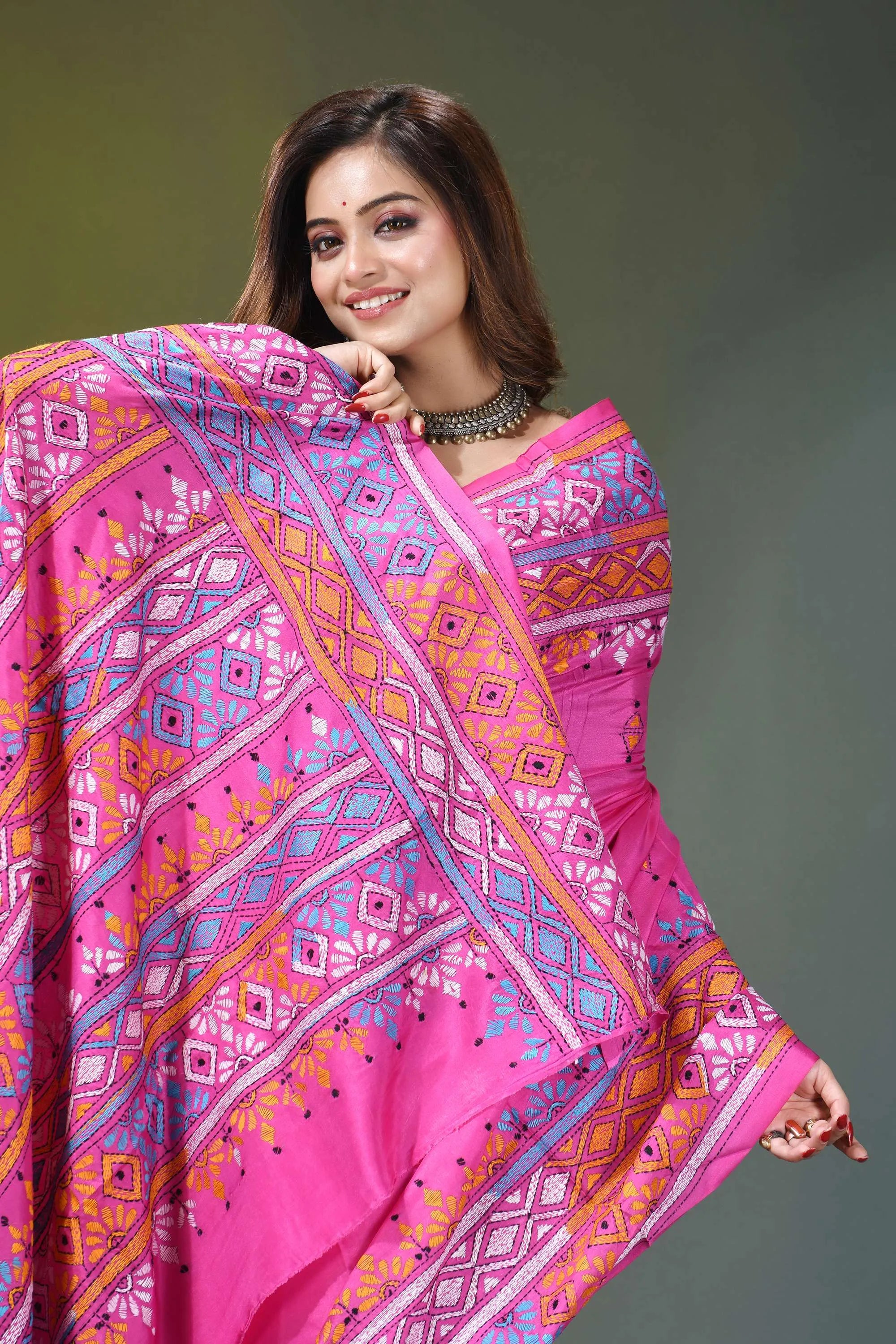 Hot pink geometric multi-thread silk kantha saree vibrant pink saree intricate geometric 2