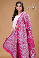 Hot Pink Pure Silk Kantha Stitch Dupatta - Craftyle