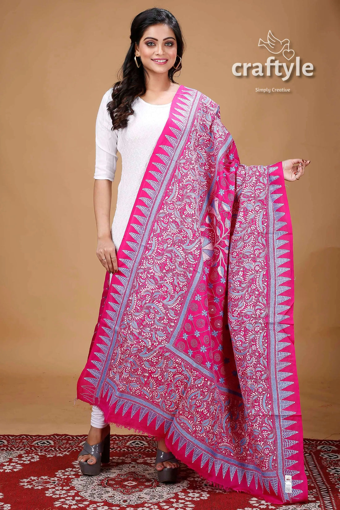 Hot Pink Pure Silk Kantha Stitch Dupatta - Craftyle