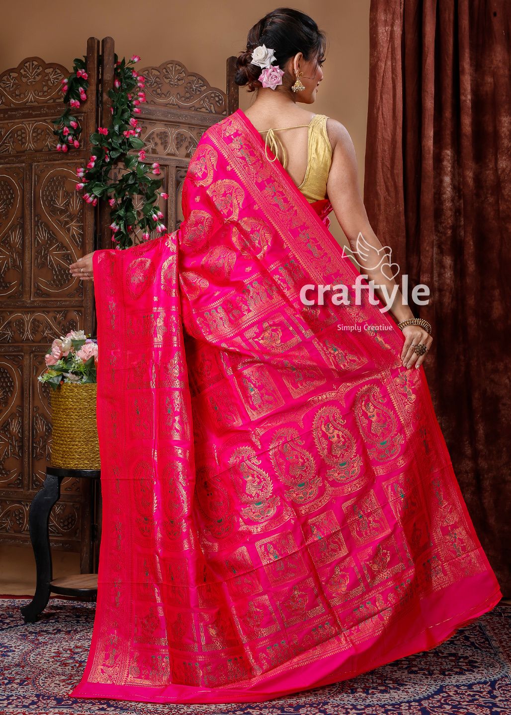 Hot Pink Swarnachari Blended Silk Saree with Golden Zari Meena Weaving Work - Craftyle