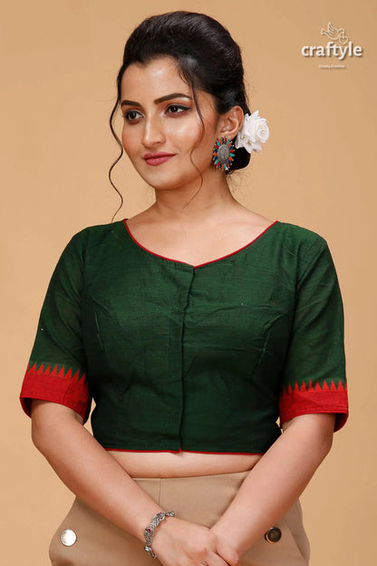 Hunter green pure cotton blouse - handmade kantha patchwork woman dark green blouse red 1