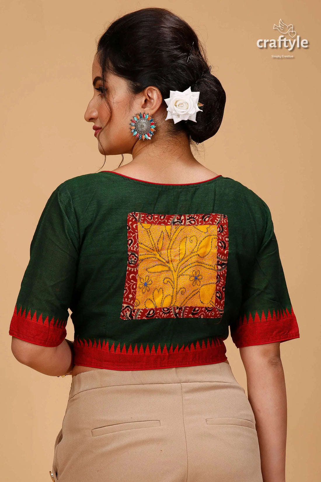 Hunter green pure cotton blouse - handmade kantha patchwork dark green blouse red border 2