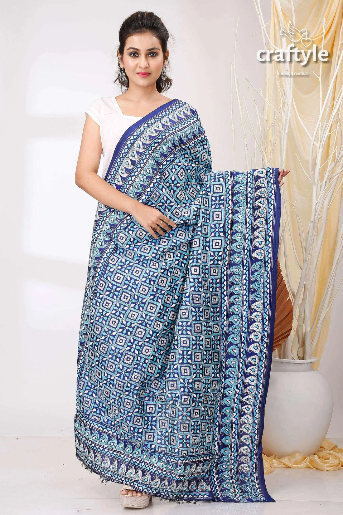 Imperial Blue and White Pure Bangalore Silk Kantha Dupatta - Craftyle