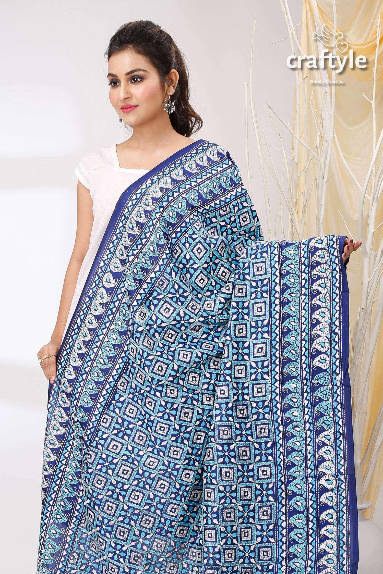 Imperial Blue and White Pure Bangalore Silk Kantha Dupatta - Craftyle