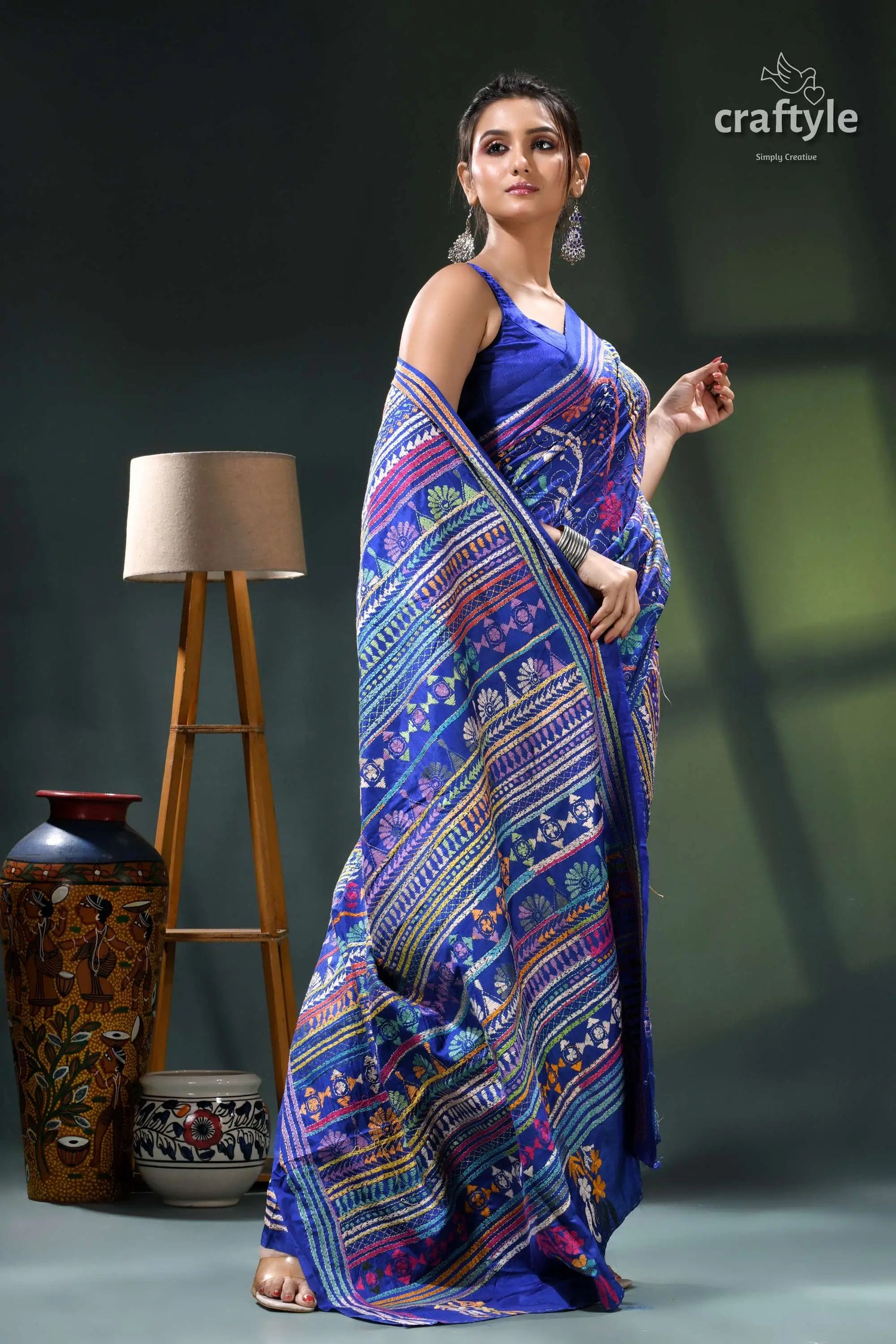 Imperial blue handmade multithread silk kantha saree blue purple patterned saree intricate 5