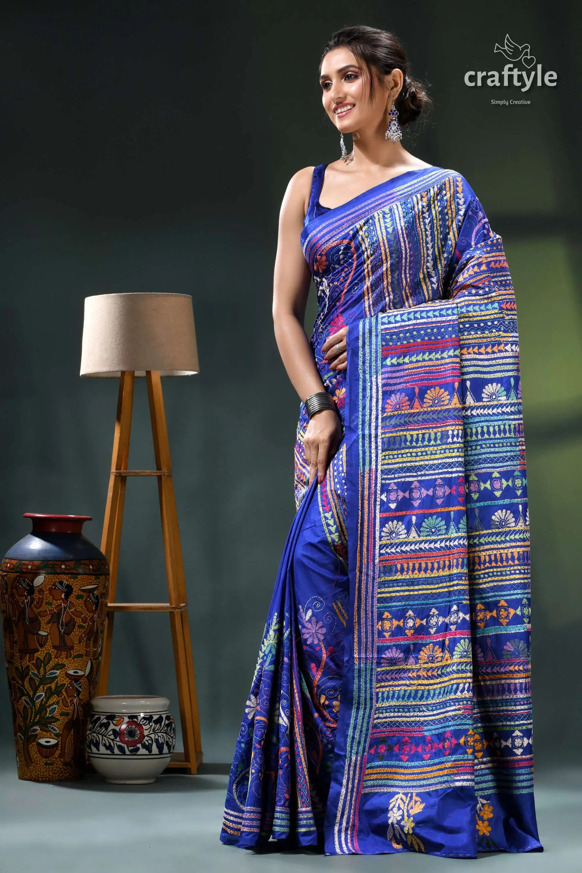 Imperial blue handmade multithread silk kantha saree royal blue saree intricate white 3