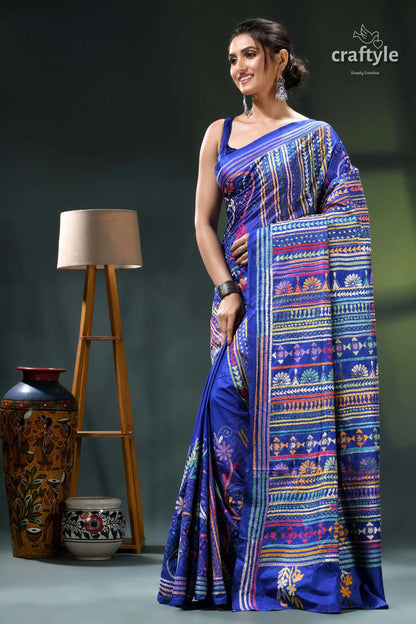 Imperial blue handmade multithread silk kantha saree royal blue saree intricate white 3
