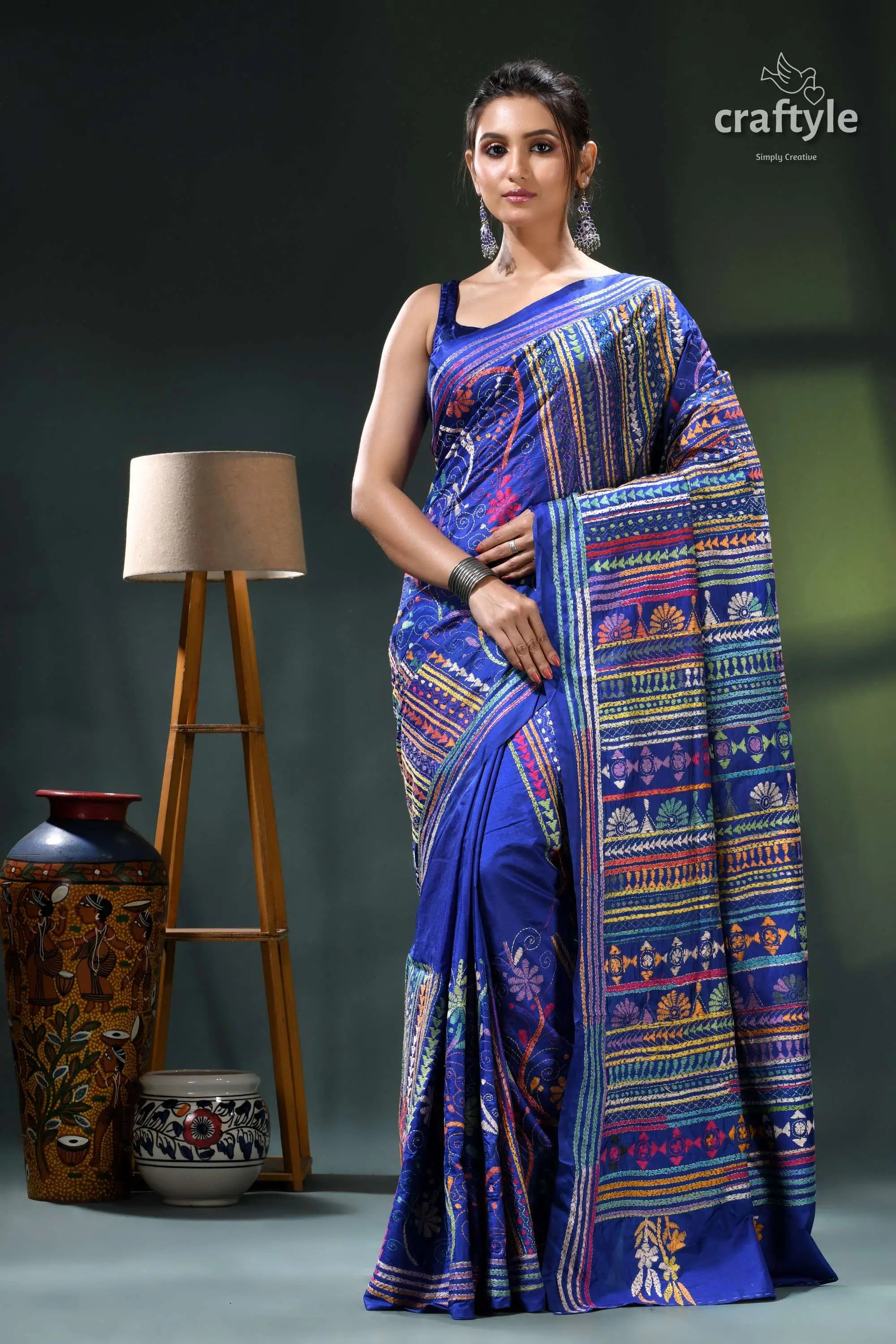 Imperial blue handmade multithread silk kantha saree royal blue saree intricate floral 1