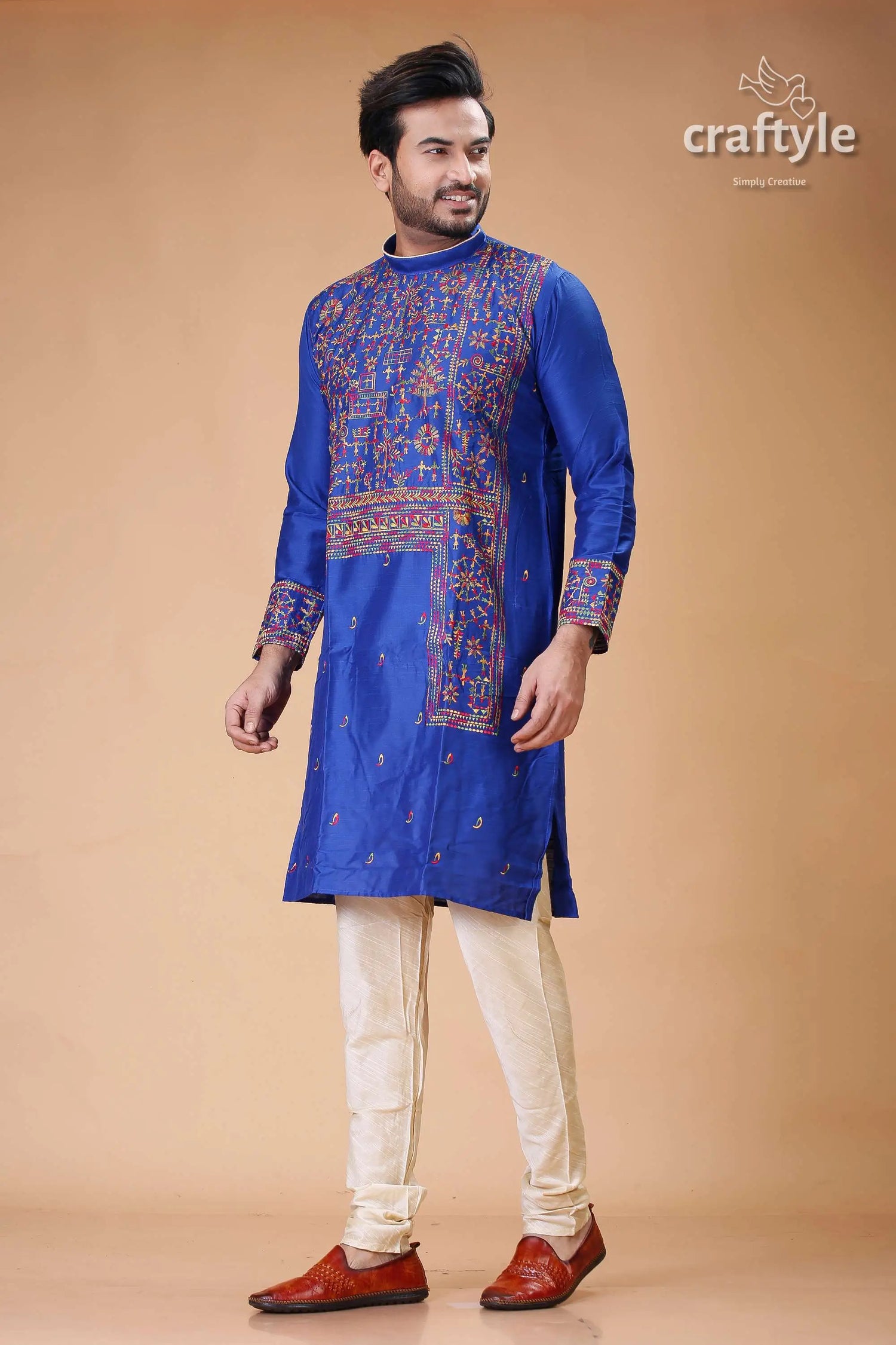 Imperial blue silk punjabi for men with elegant figure motif embroidery blue embroidered kurta pajama set 3