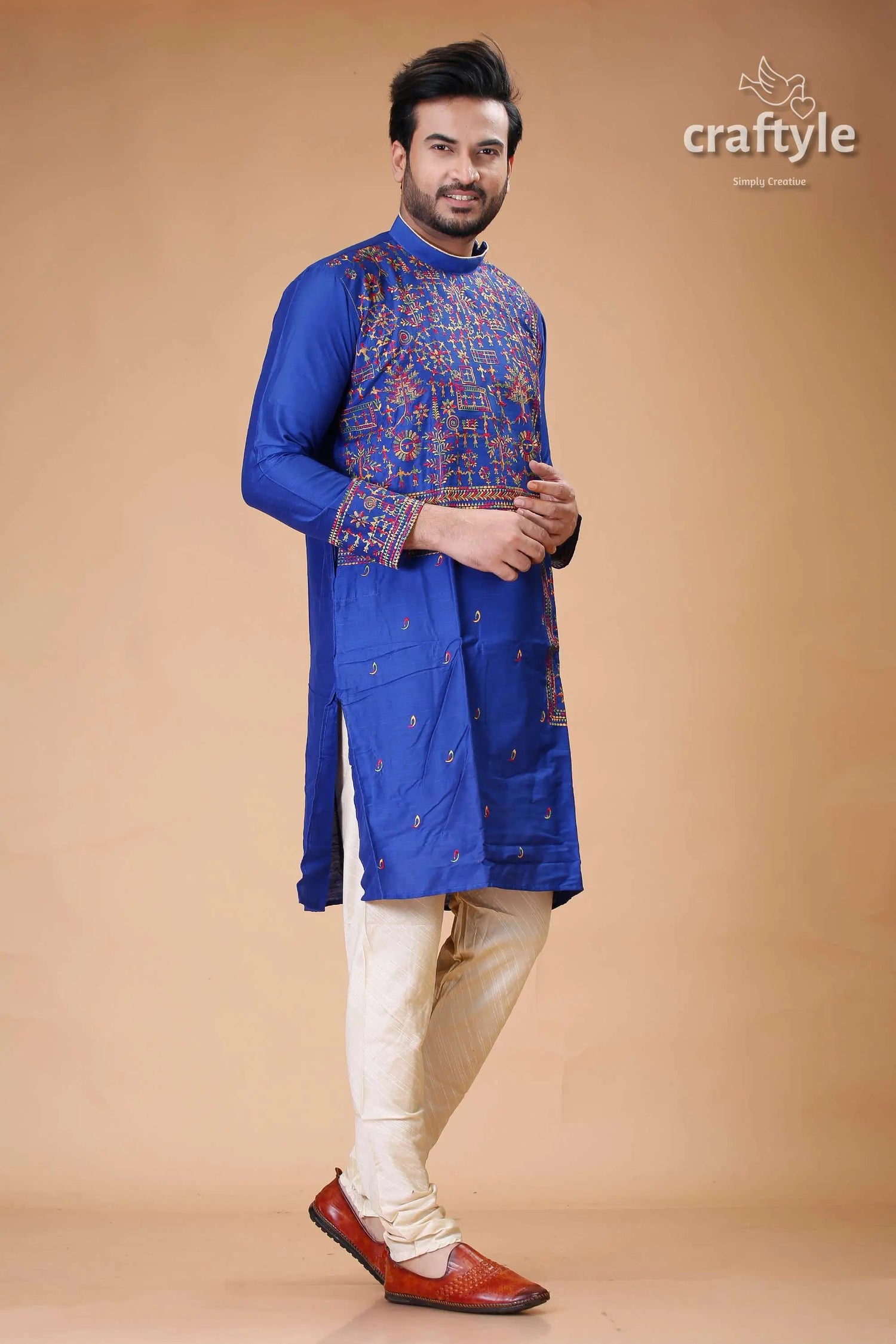 Imperial blue silk punjabi for men with elegant figure motif embroidery man blue embroidered kurta 4