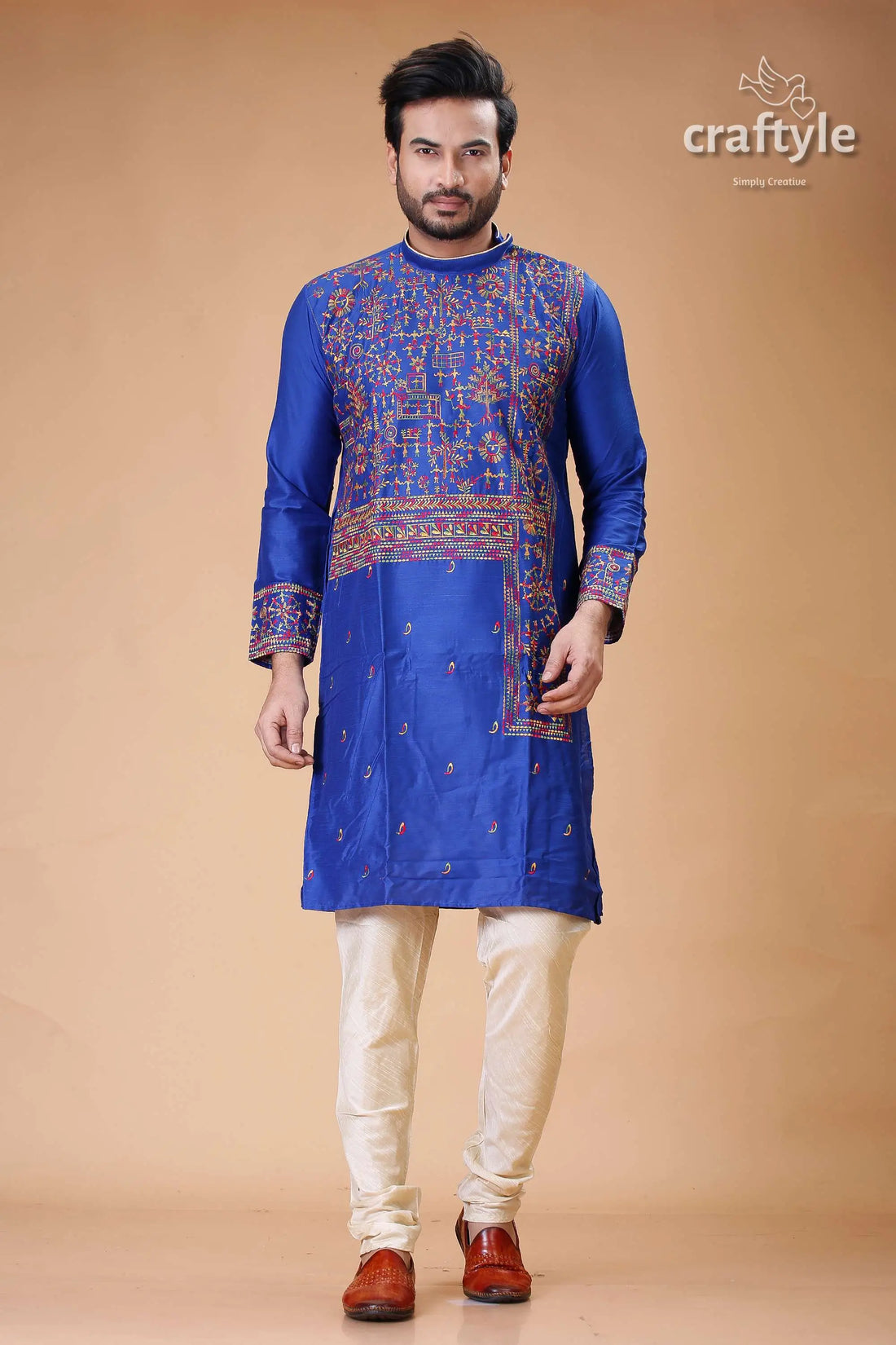 Imperial blue silk punjabi for men with elegant figure motif embroidery blue embroidered kurta pajama set 1