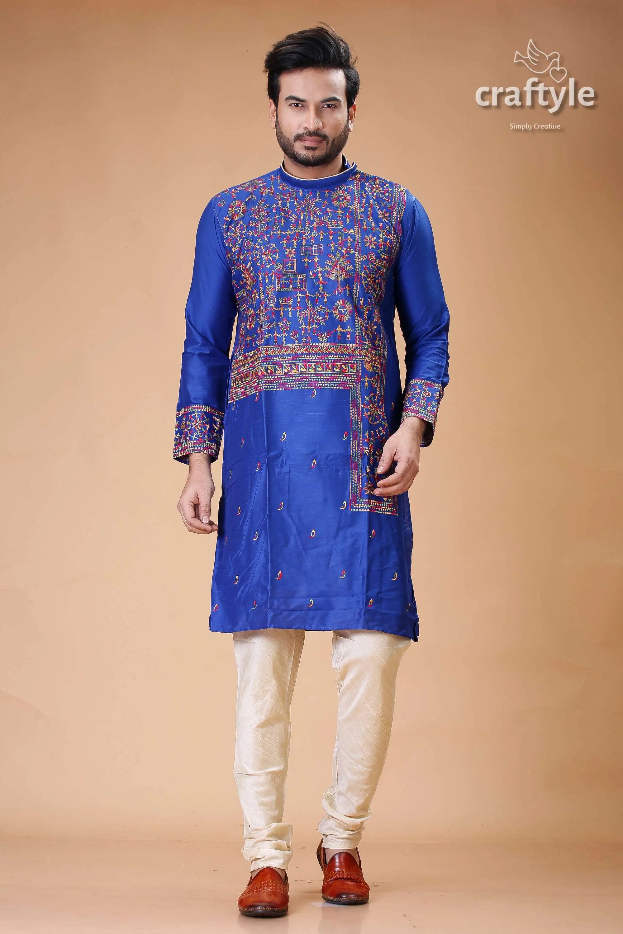 Imperial blue silk punjabi for men with elegant figure motif embroidery blue embroidered kurta pajama set 1