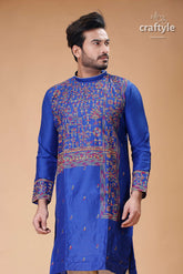Imperial Blue Silk Punjabi for Men with Elegant Figure Motif Embroidery - Craftyle