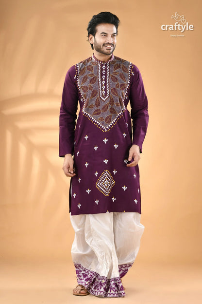 Imperial purple leaf design kantha embroidery gents kurta men’s embroidered white 1