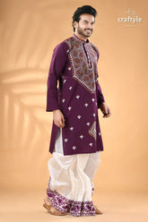 Imperial purple leaf design kantha embroidery gents kurta men’s embroidered white 4